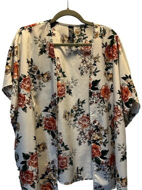 Floral Open Front Kimono Cardigan - Cream with Rust & Green Flowers